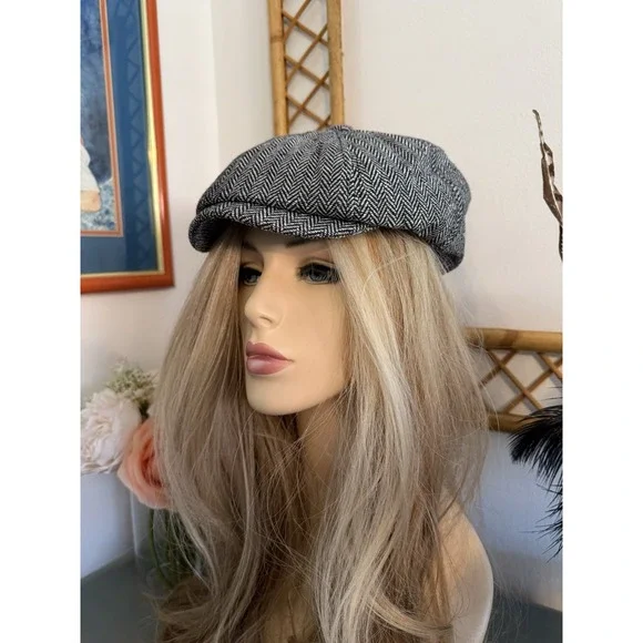 Newsboy Paper Boy Baker Boy Cap Gray Herringbone Tweed Hat Unisex OS Vintage - Picture 3 of 16